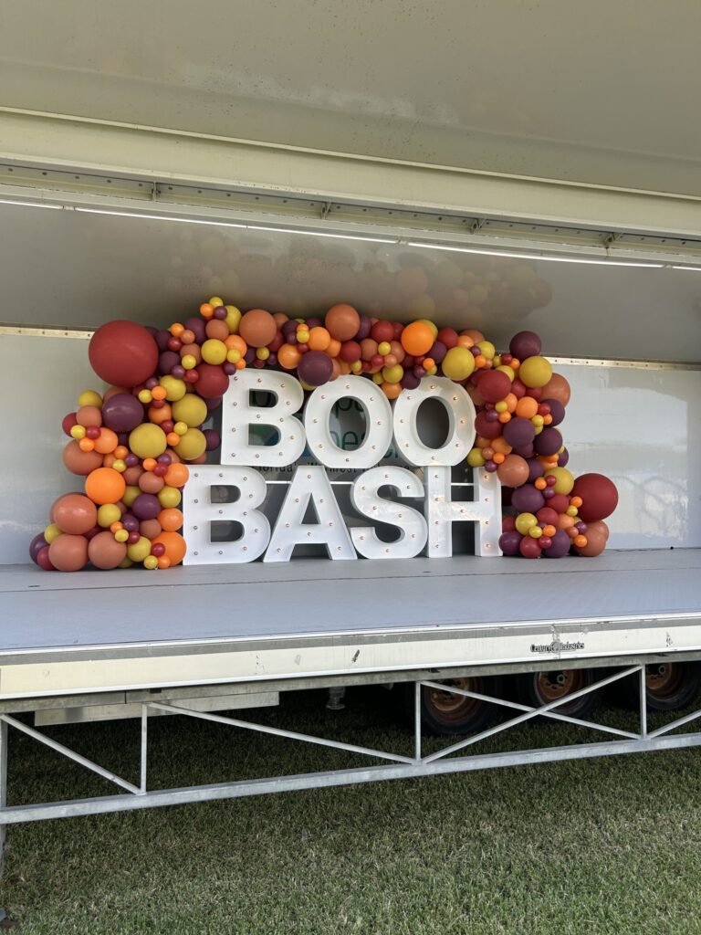 BOO BASH marquee letters with fall balloon garland