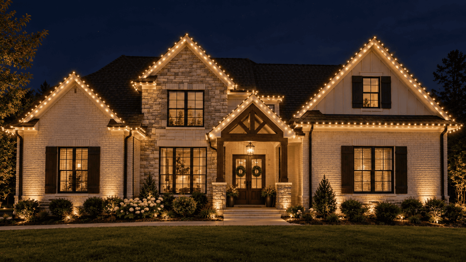 Home with warm white roofline lights